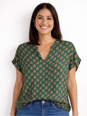 CAbi Stevie Green Floral Short Sleeve Top Small Boho Cottagecore Casual